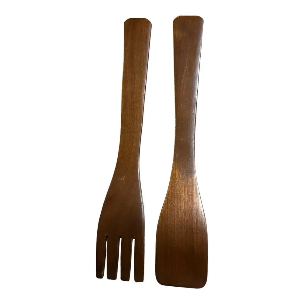Vtg Mid Century Modern Wooden Salad Serving Utensils Fork & Paddle Spoon 12.5”